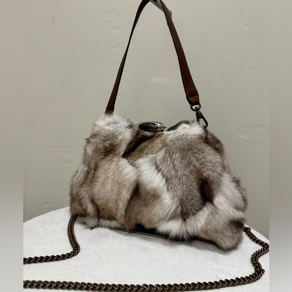 Natural Fox Fur Handmade Unique Metal Frame & Push Lock Shoulder Bag, Crossbody - Picture 3 of 16